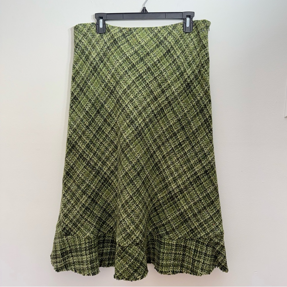 Hobbs London Tweed Skirt Green Plaid A-Line Made in England UK 16 US 12 Wool Zip